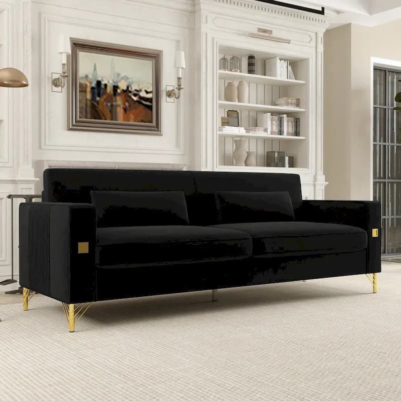Black 85.63 Velvet 3-Seater Sofa with Gold Accents