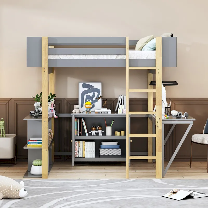 Twin Size Wood Loft Bed With Cabinet and Cubes