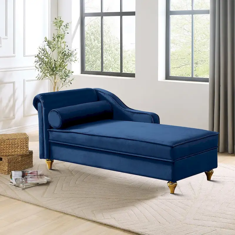 French Elegant Velvet Upholstered Storage Chaise Lounge Chair with a Pillow