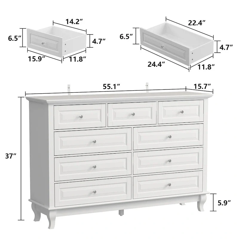 9-Drawer Dresser with Solid Wood Legs Chest Of Drawers Lacquer Console