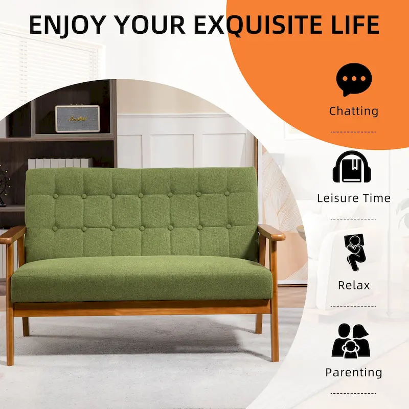 Mid-Century Linen/PU Upholstered Wood Frame Tufted Loveseat Sofa