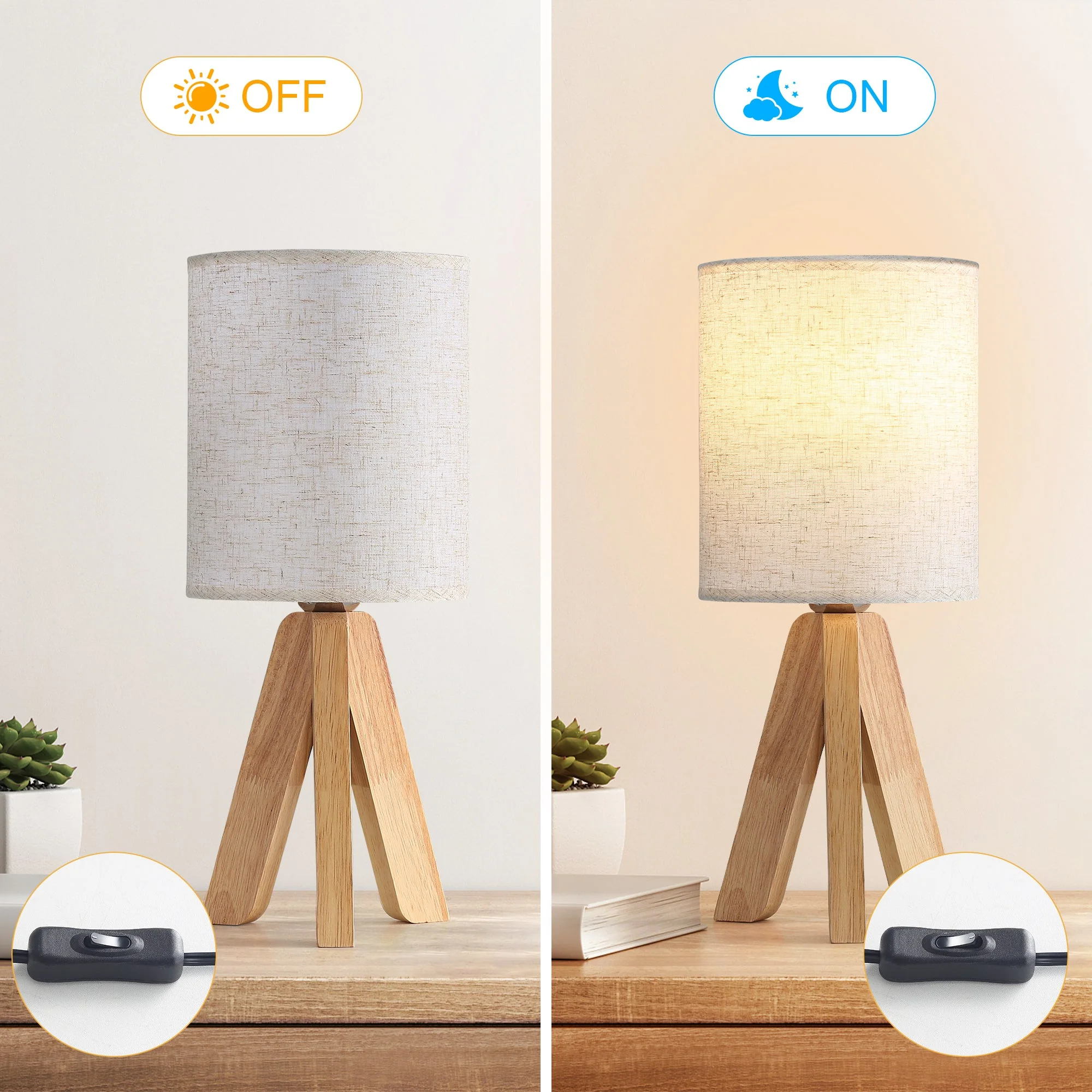 Modern Wooden Base Nightstand Table Lamp Set of 2