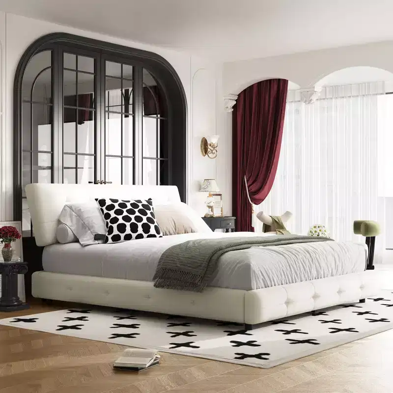 King Size Chenille Platform Bed, Wooden Bed Frame,Tufted Headboard with Extra-Large Ultra-Soft Cloud Pillow