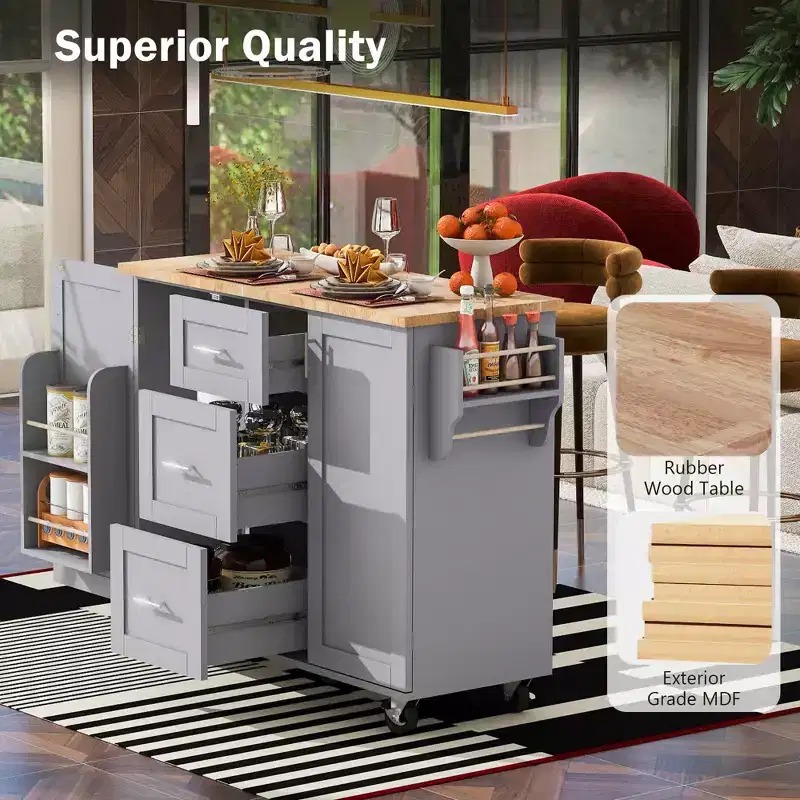 MAYEERTY Black Rolling Kitchen Island with Rubber Wood Top, 3 Drawers 2 Slide-Out Shelves Spice Rack Tower Rack