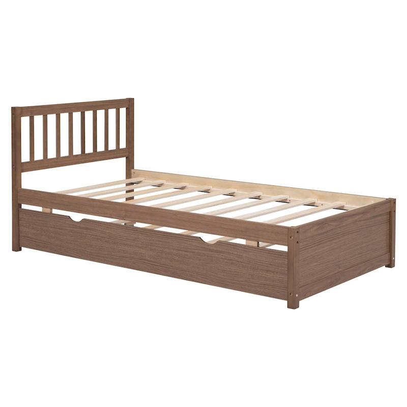 Brown Walnut Twin Bed with Trundle and Fence Headboard