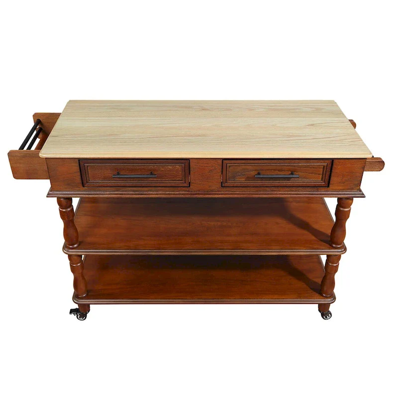 Rolling Kitchen Island Cart with Solid Oak Wood Top, Wine and Spice Rack