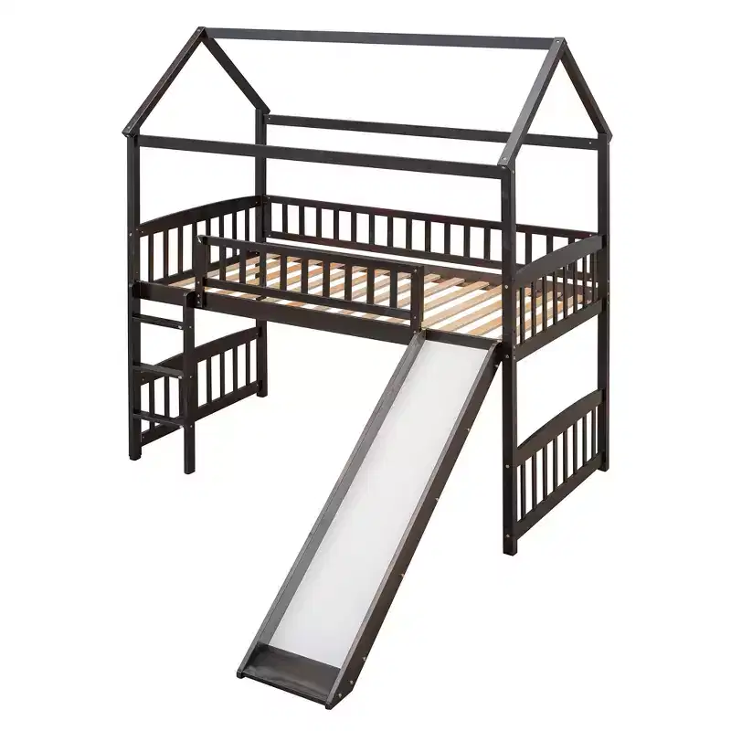 Twin House Loft Bed with Slide, Wood Playhouse Loft Bed Frame with Ladder and Roof