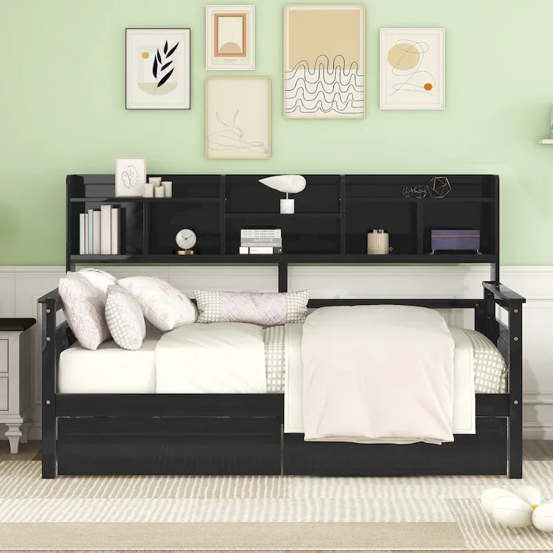 Twin size Daybed, Wood Slat Support, with Bedside Shelves and Two Drawers