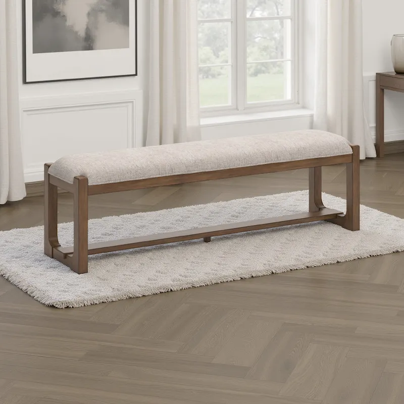 Cabal Large Dining Bench, Padded Beige Polyester, Brown Wood, 64 Inch