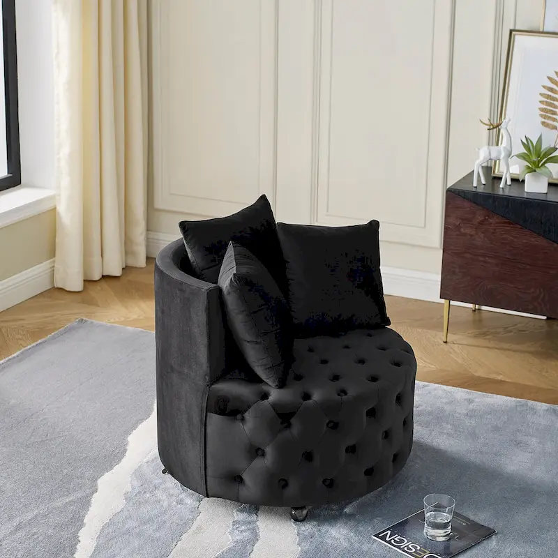 Living Room Velvet Swivel Chair with Button Tufted Design, 3 Pillows & Movable Wheels