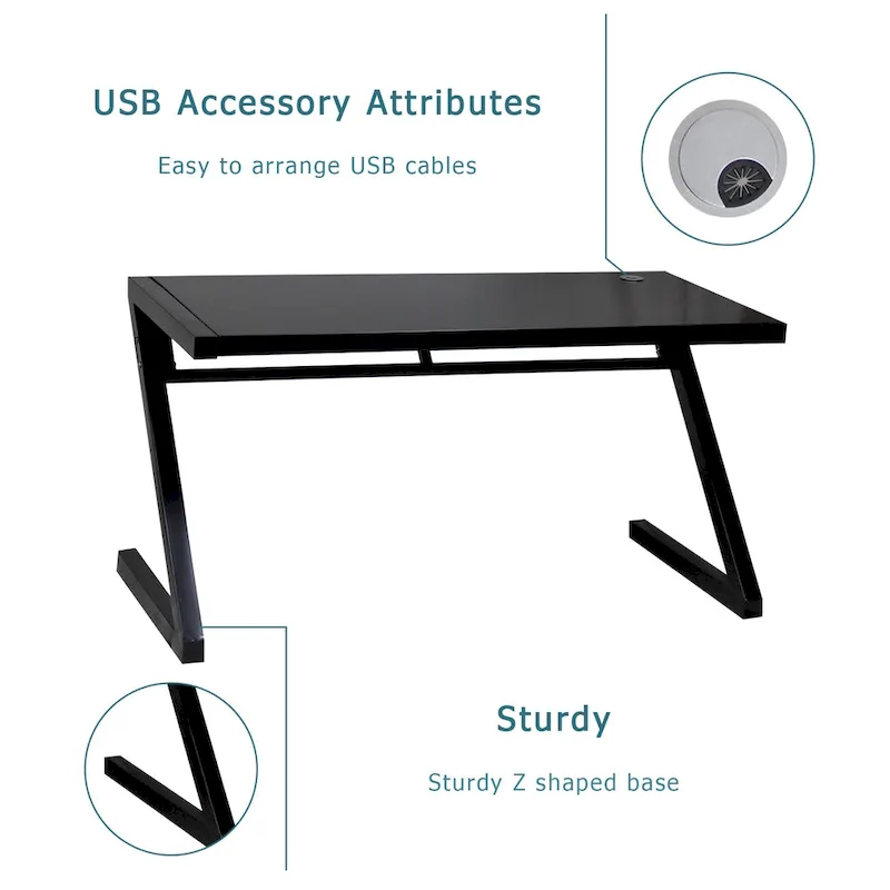 Professional Z-Leg Tempered Glass Gaming and Study Desk with Built-In USB Cable