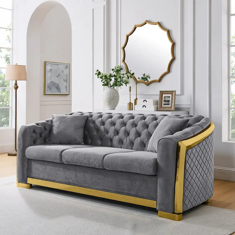 84 Luxury Chesterfield Velvet Sofa with Gold Trim