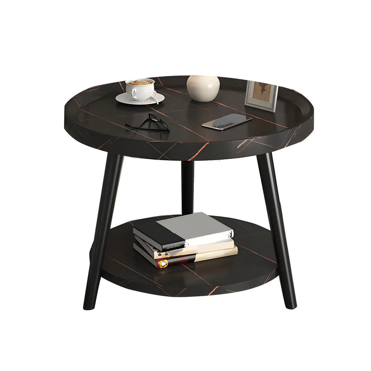 Natural Espresso Wood Small Round End Side Table with Tray Top & Shelf