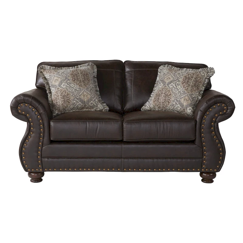 Roundhill Furniture Leinster Fabric Upholstered Nailhead Sofa and Loveseat Set in Espresso