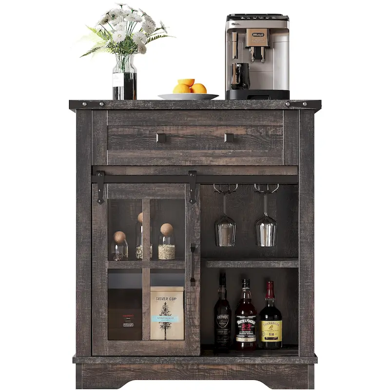 Farmhouse Coffee Bar Cabinet with Sliding Barn Door and Wine Glass Holder