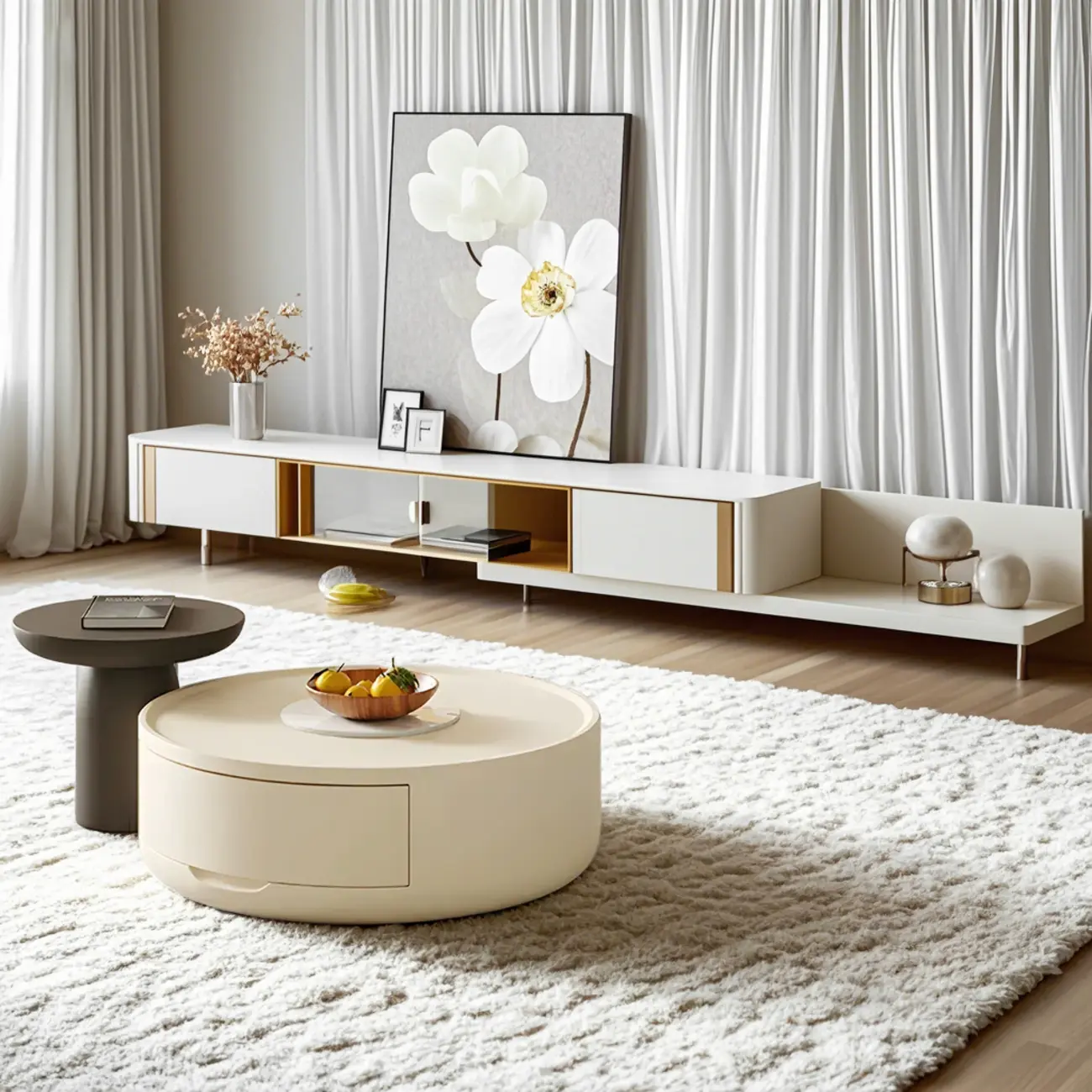 White Sleek Round Wood Drawer Coffee Table