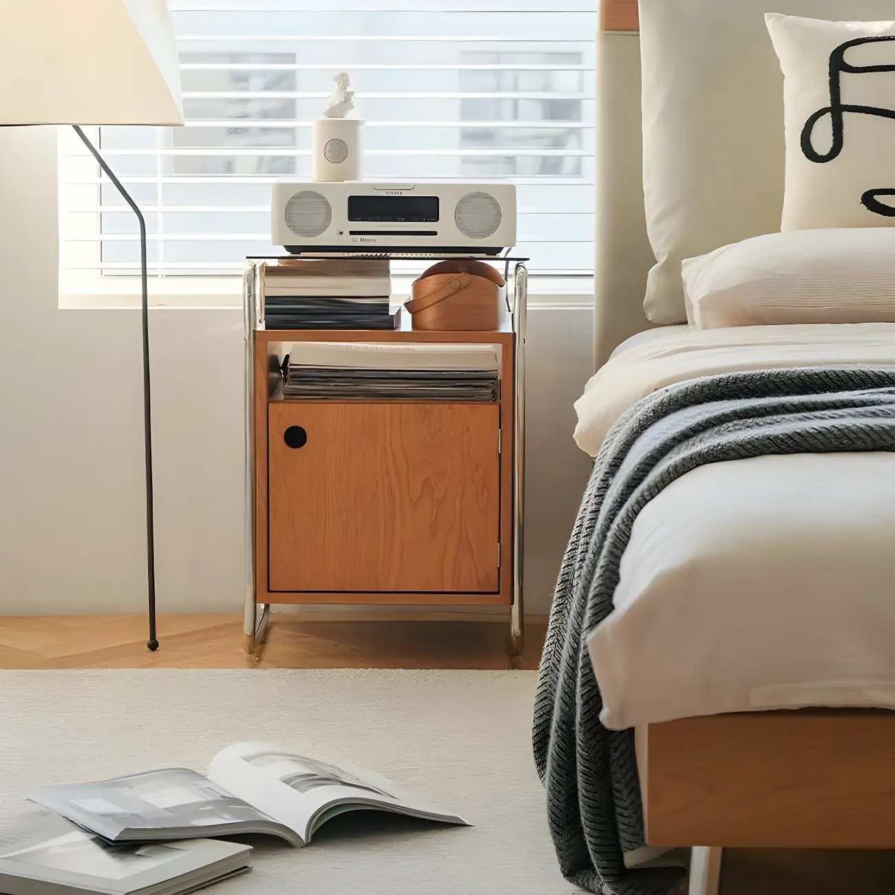 Natural Finish Narrow Glass-Top Light Wood Nightstand