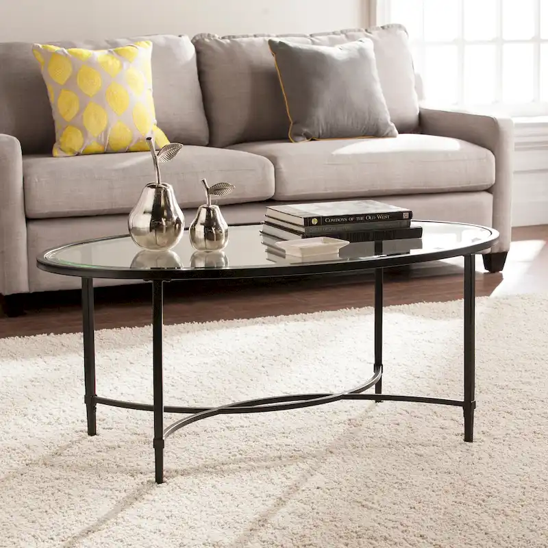 Matte Black Metal Oval Coffee Table with Glass Top