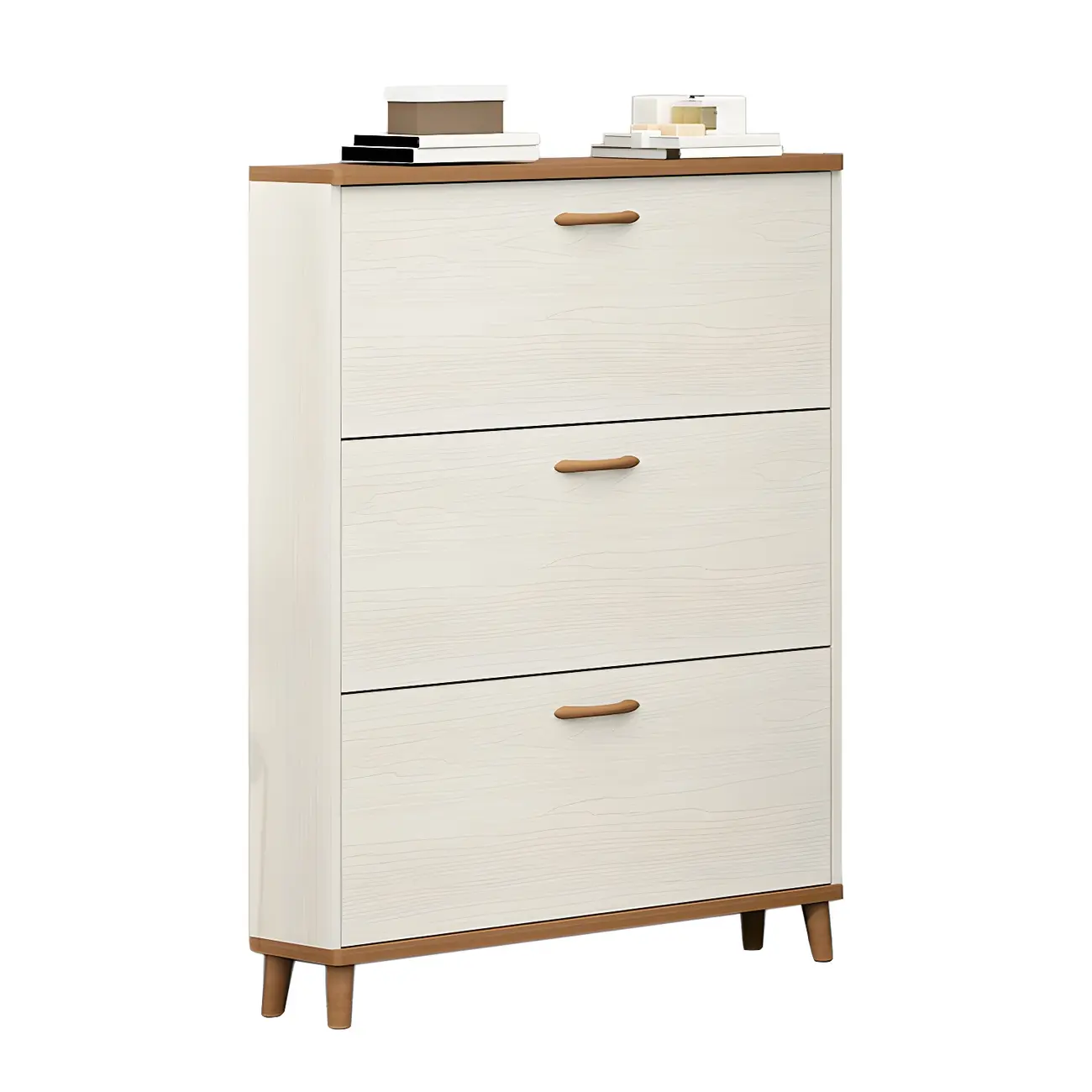Narrow Beige Solid Wood Drop Front Shoe Cabinet