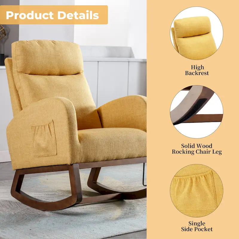 Modern Glider Chair, Recliner Armchair with Wood Legs and Side Pocket, Nursery Rocking Accent Chair with High Back