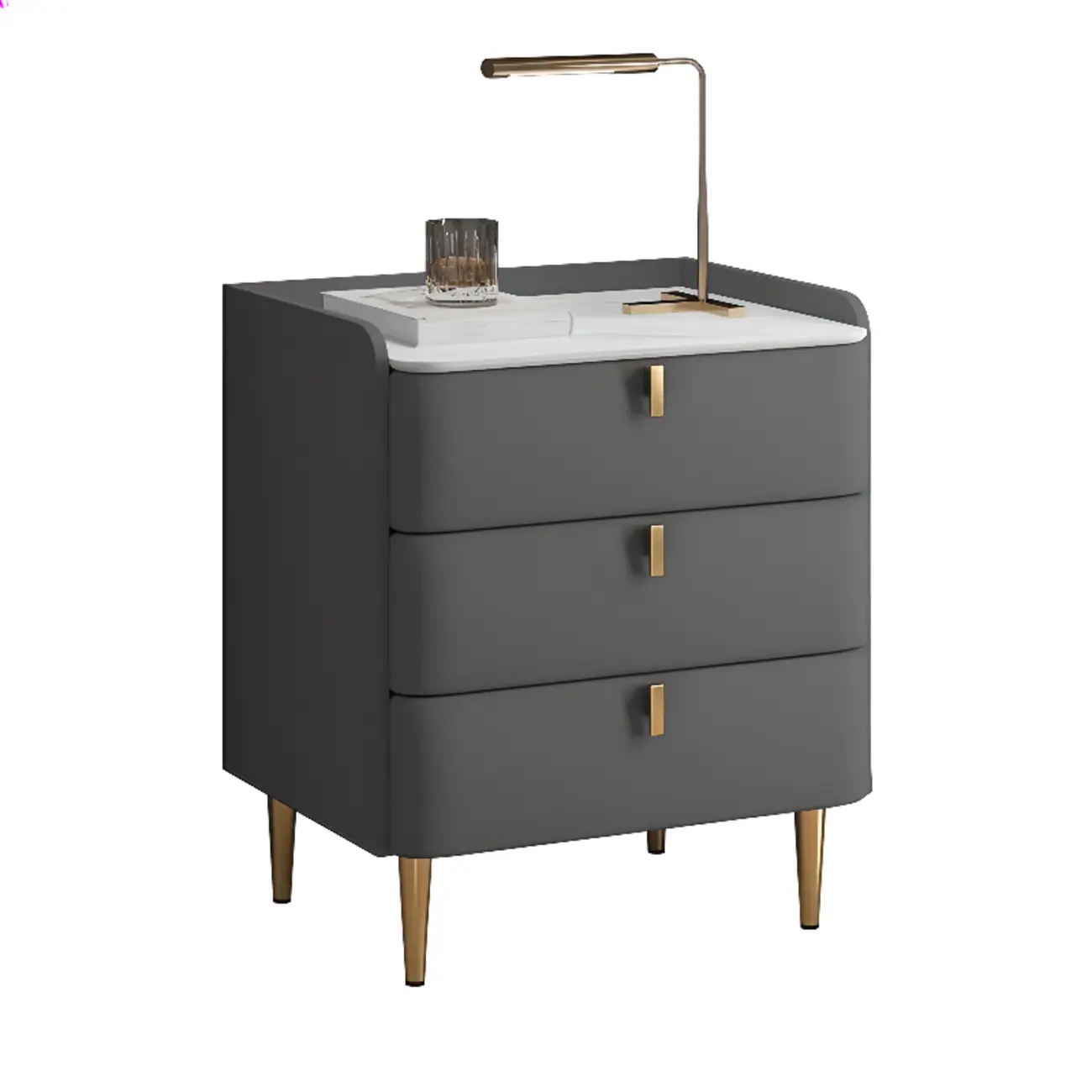 Modern Leather Stone Top Gold Accents 3-Drawer Nightstand