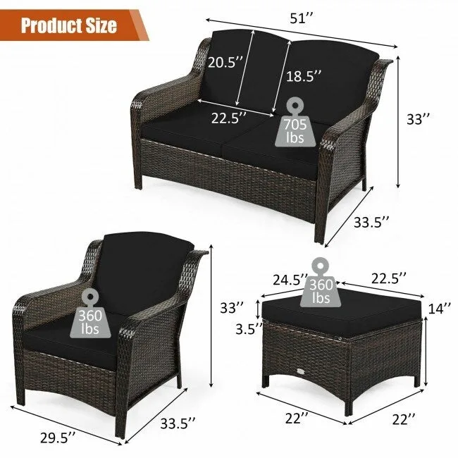 5 Pieces Patio Rattan Sofa Set with Cushion and Ottoman - 51 x 33.5 x 33 (L x W x H)