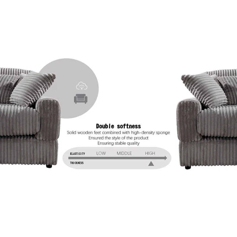 93.25 Corduroy Corner Sleeper Sofa with Deep Seat & 6 Pillows - Modern Convertible Sectional