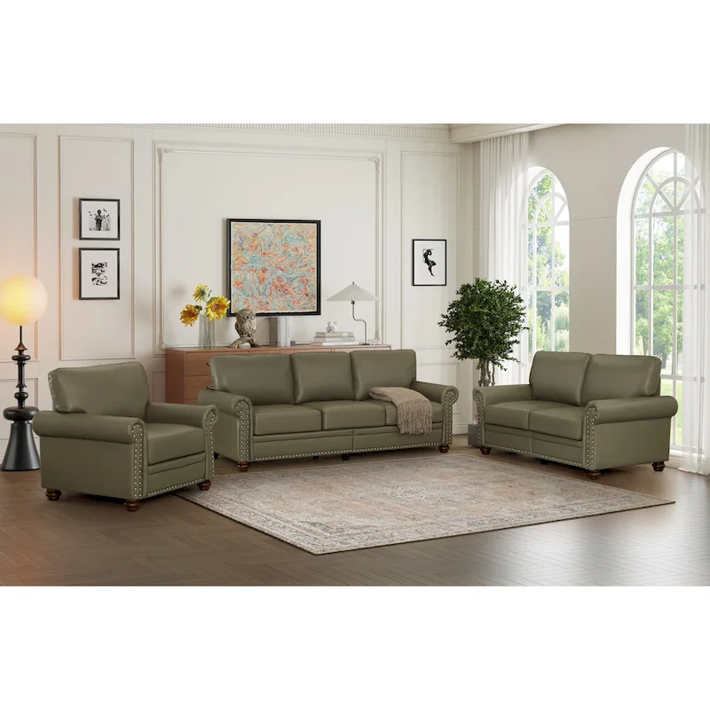 Living Room PU Sofa Set with Storage Sofa, 1+2+3 Sectional with Silver Nails and Solid Wood Legs