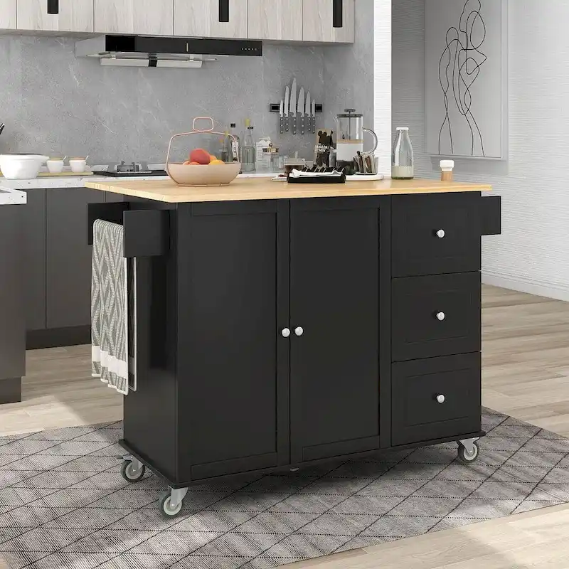 Rolling Mobile Kitchen Island with Wheels Drop Leaf, Solid Wood Top