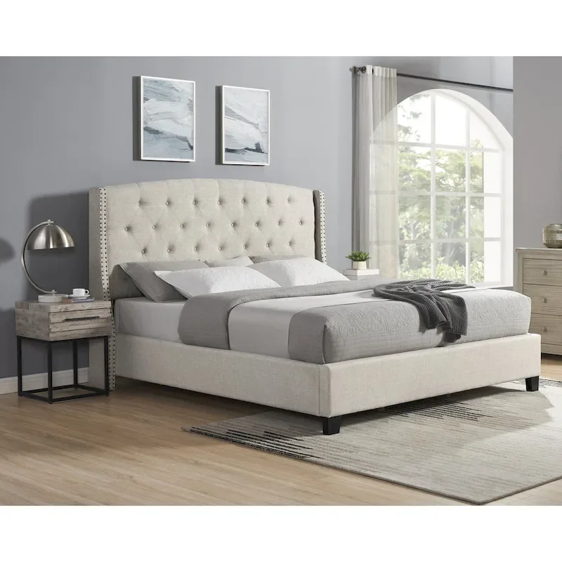Roundhill Furniture Astral 3-Piece Upholstered Bedroom Set Tufted Wingback Bed with Two Nightstands