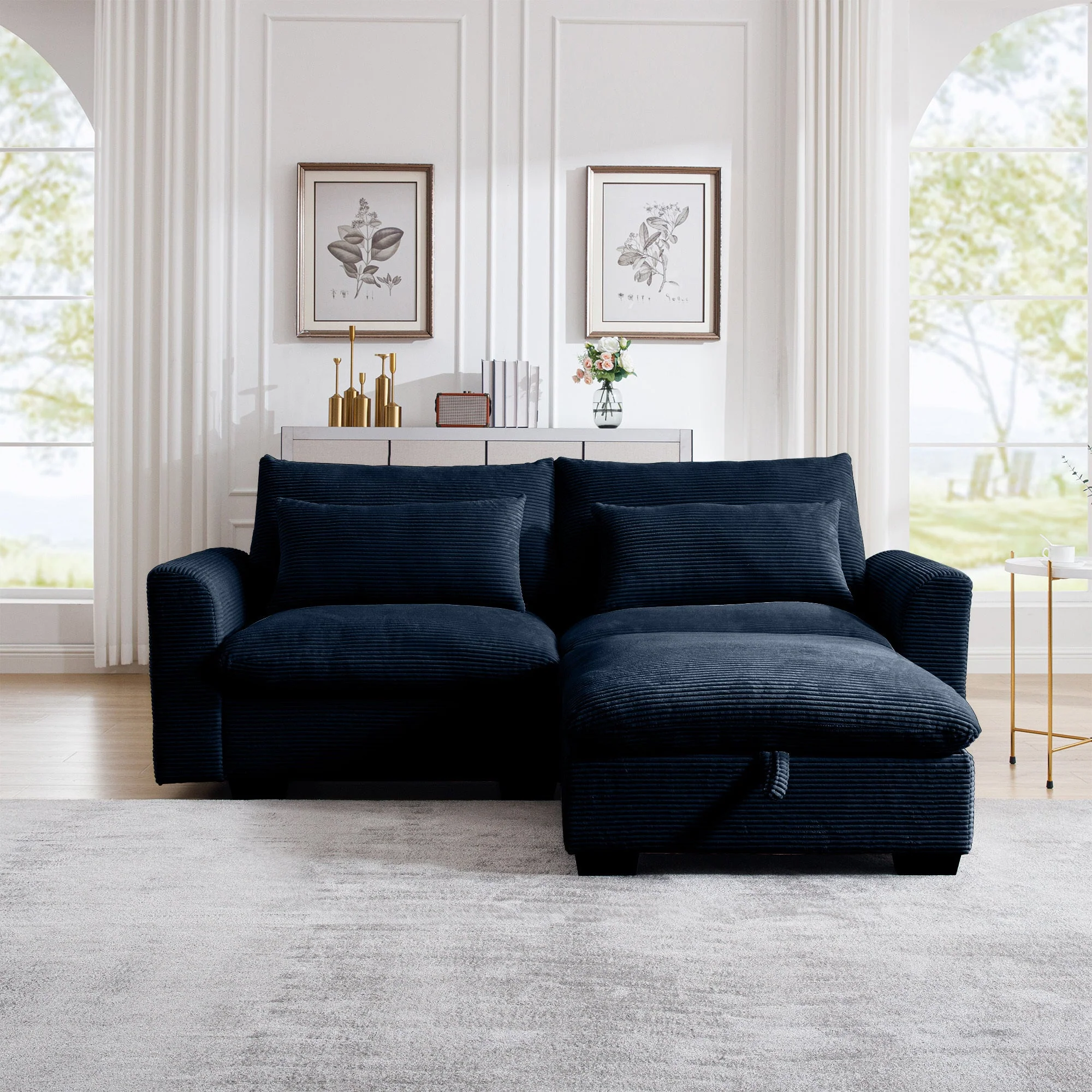 Modern Corduroy Loveseat Sectional Sofa with Storage Ottoman