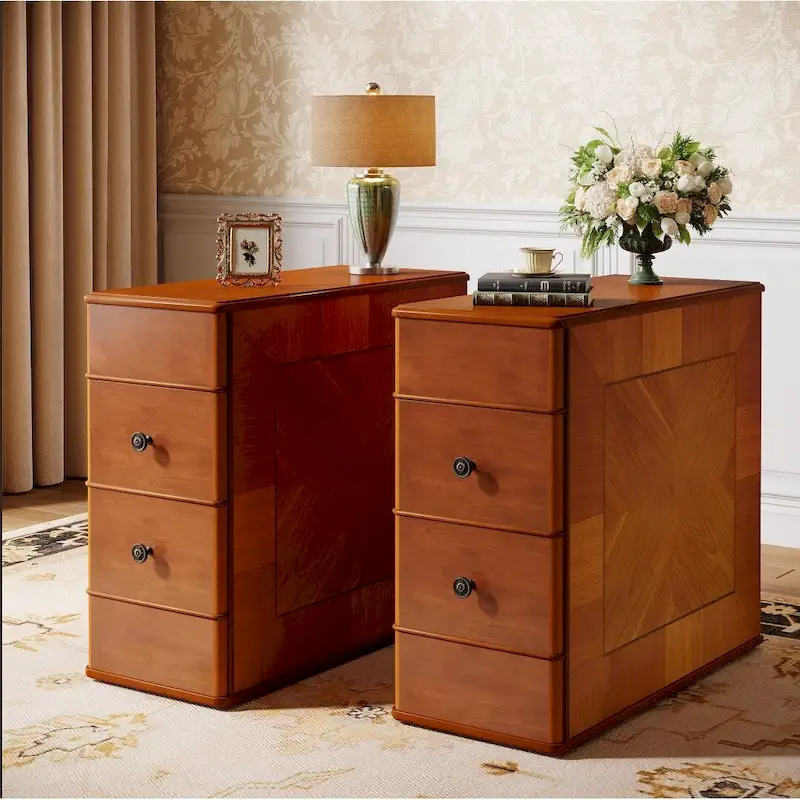 Vintage End Side Table with 2 Drawers, Bedside Nightstand