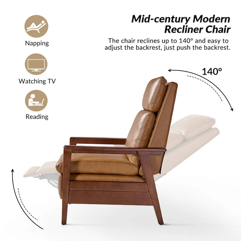 Patrick Mid-century Vegan Leather Solid Wood Recliner by HULALA HOME