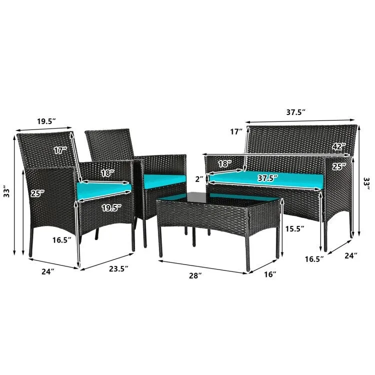 4 Pieces Patio Rattan Cushioned Sofa Set with Tempered Glass Coffee Table - 24 x 23.5 x 33 (L x W x H)