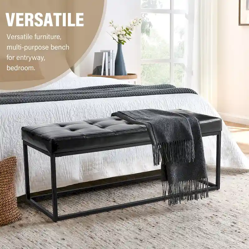 Glitzhome 45W Modern Black Tufted Upholstered Bench with Metal Frame Legs - 45W x 19H x 17.5D