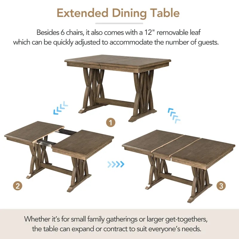 7-Piece Wooden Dining Table Set with Extendable Table & 6 Chairs