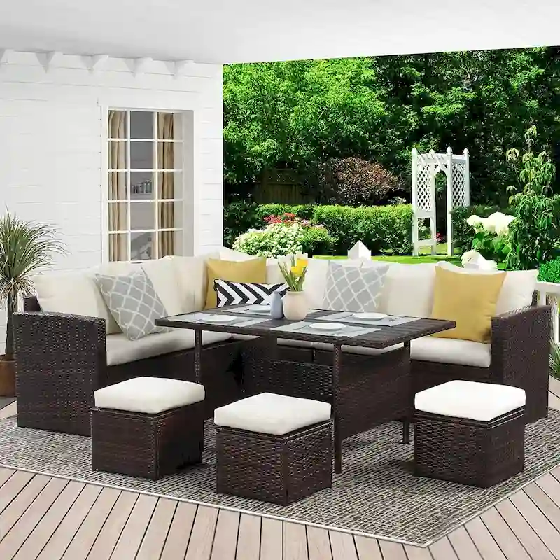 7 Pcs Patio Furniture Set, Outdoor Sectional Sofa Set, All Weather Rattan Conversation Set with High Dining Table and Ottoman