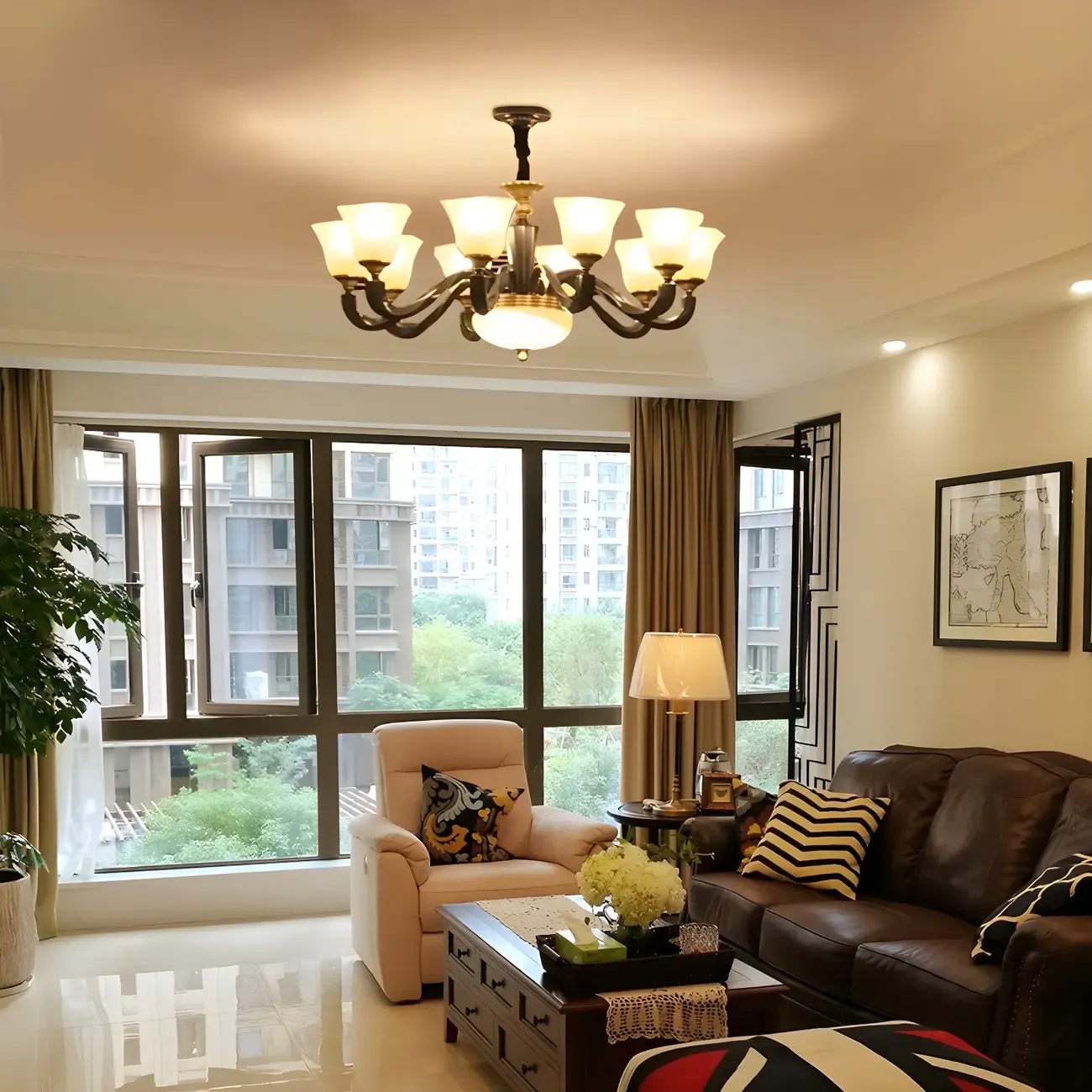 Black Glass Curved Metal Classic Chandelier Light