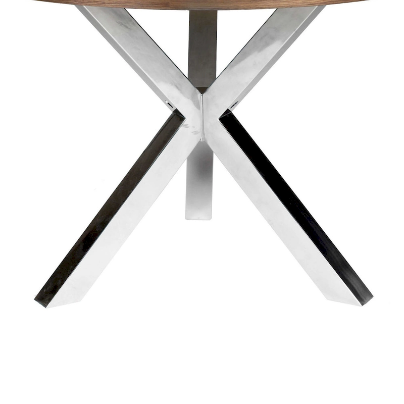 Emi 47 Inch Round Dining Table, X- Cross Brushed Steel, Walnut Brown Wood