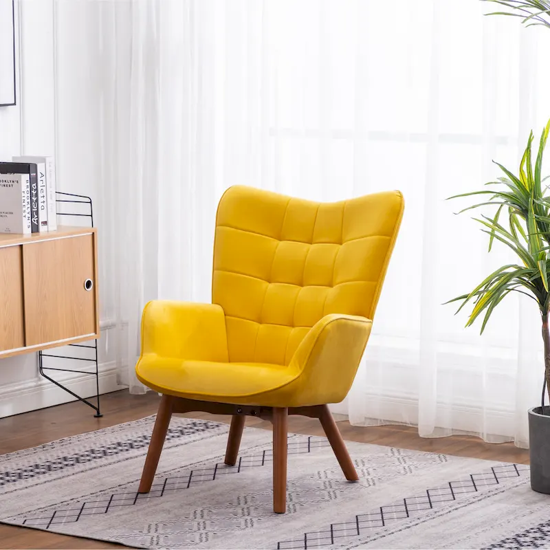 Yellow Modern 33 Polyester Button Tufted Accent Chair with Ottoman and Tapering Wood Dowel Legs