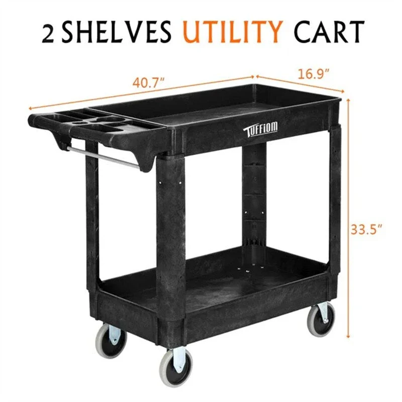 2 Tier Large 550lbs Capacity Shelf Plastic Utility Cart with Wheels Black