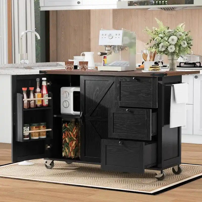 Farmhouse Kitchen Island with Power Outlet, Drop Leaf, Rolling Kitchen Cart