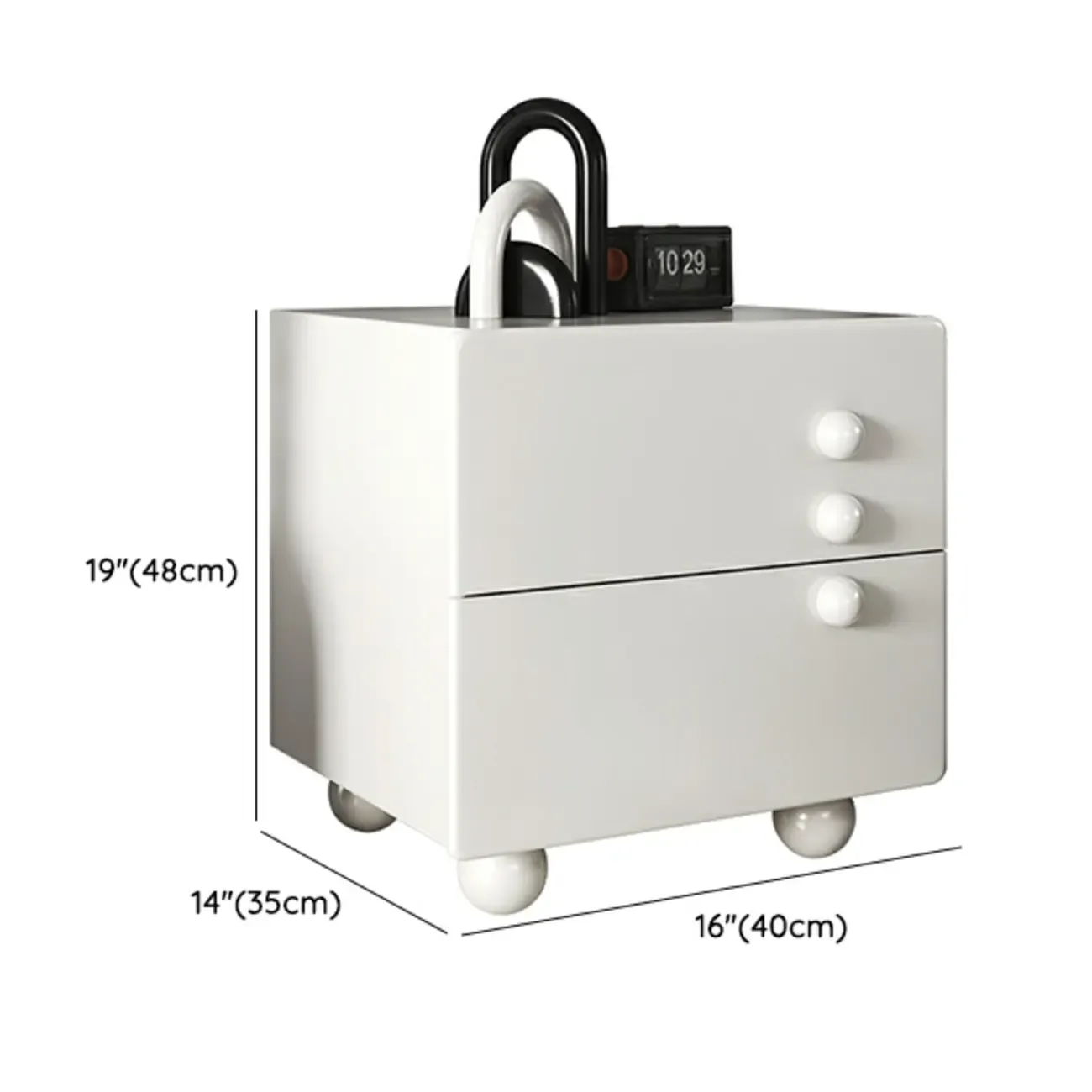 White Wood High-Gloss 2-Drawer Nightstand with Sphere Legs