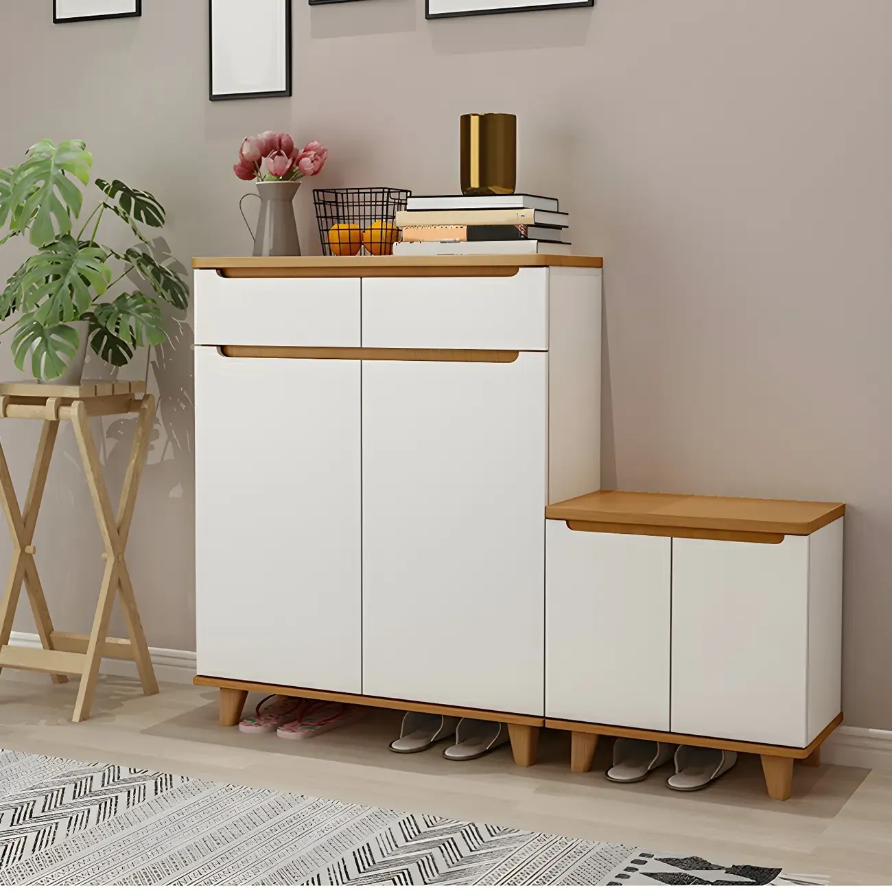 Entryway White Solid Wood Shoe Storage Cabinet