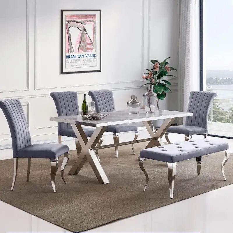 Luxury Velvet Bench Button Tufted Upholstered Dining Bench with Polished Metal Legs