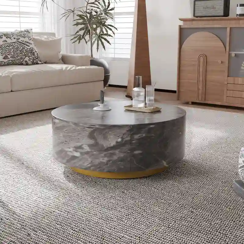 Modern Faux Marble Round Coffee Table Center Table with 2 Drawers, Fully Assembled