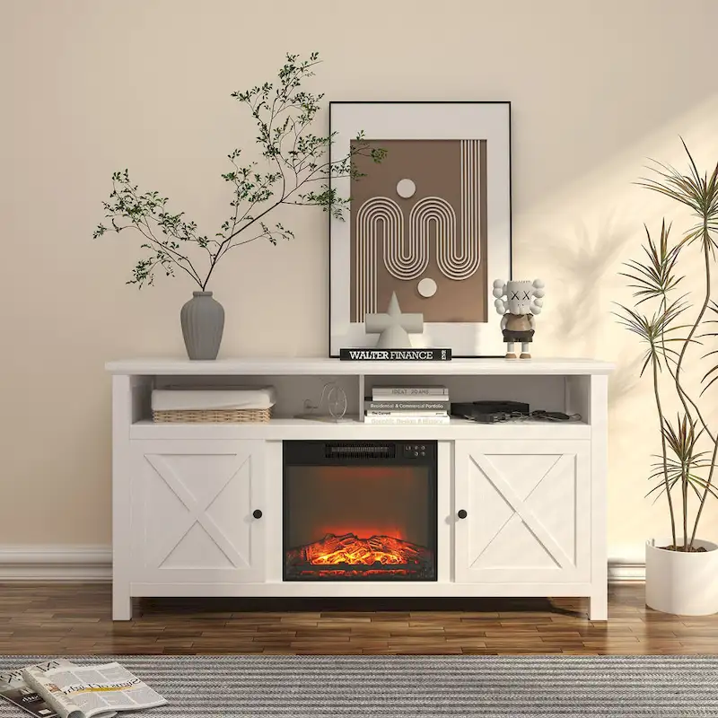 Clihome 58 Wood Fireplace TV Stand with 18 Electric Fireplace