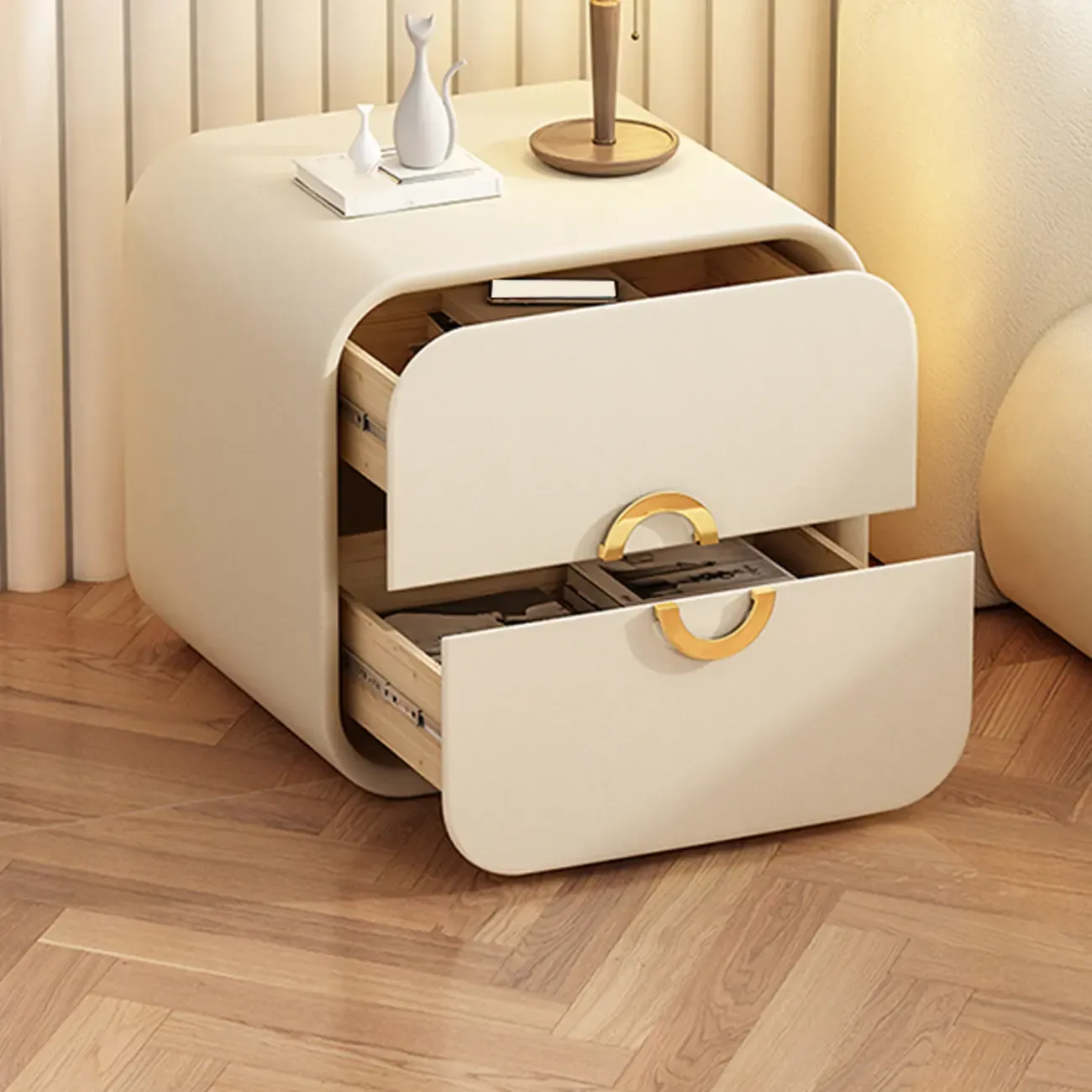 Modern Faux Leather Gold Ring Handle Nightstand with 2 Drawers