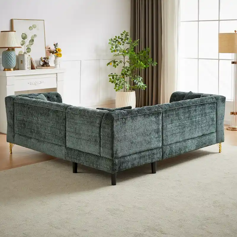 Green 81.5  Chenille L-Shaped 5-Seat Sofa
