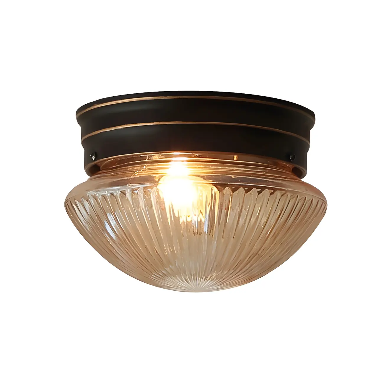 Classic Bronze Amber Ribbed Glass LED Flush Mount Ceiling Light